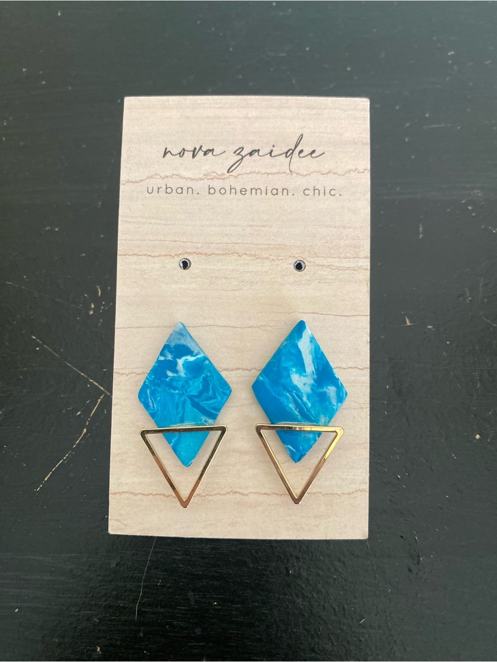 Nova Zaidee Polymer Clay Earrings Blue Marbled Diamond Gold Triangle Boho Stud